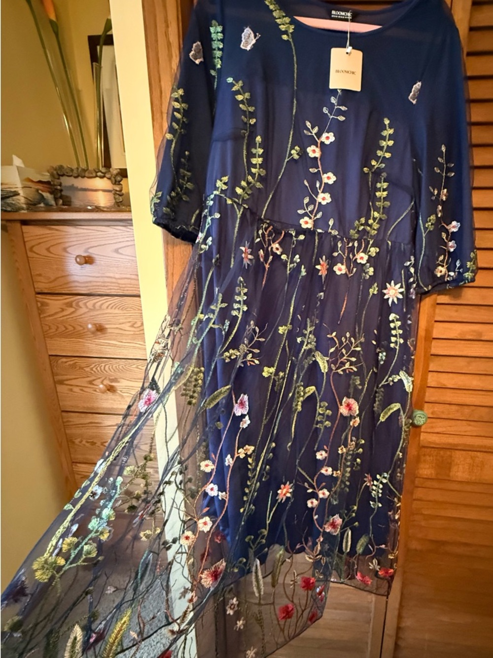 BloomChic Navy Floral Embroidered Mesh Party Dress - Picture 3 of 3